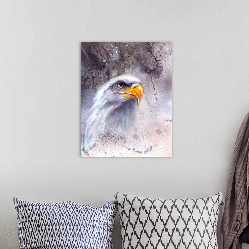 A bohemian room featuring Beautiful Painting Of A Bald Eagle Head Against An Abstract Background.