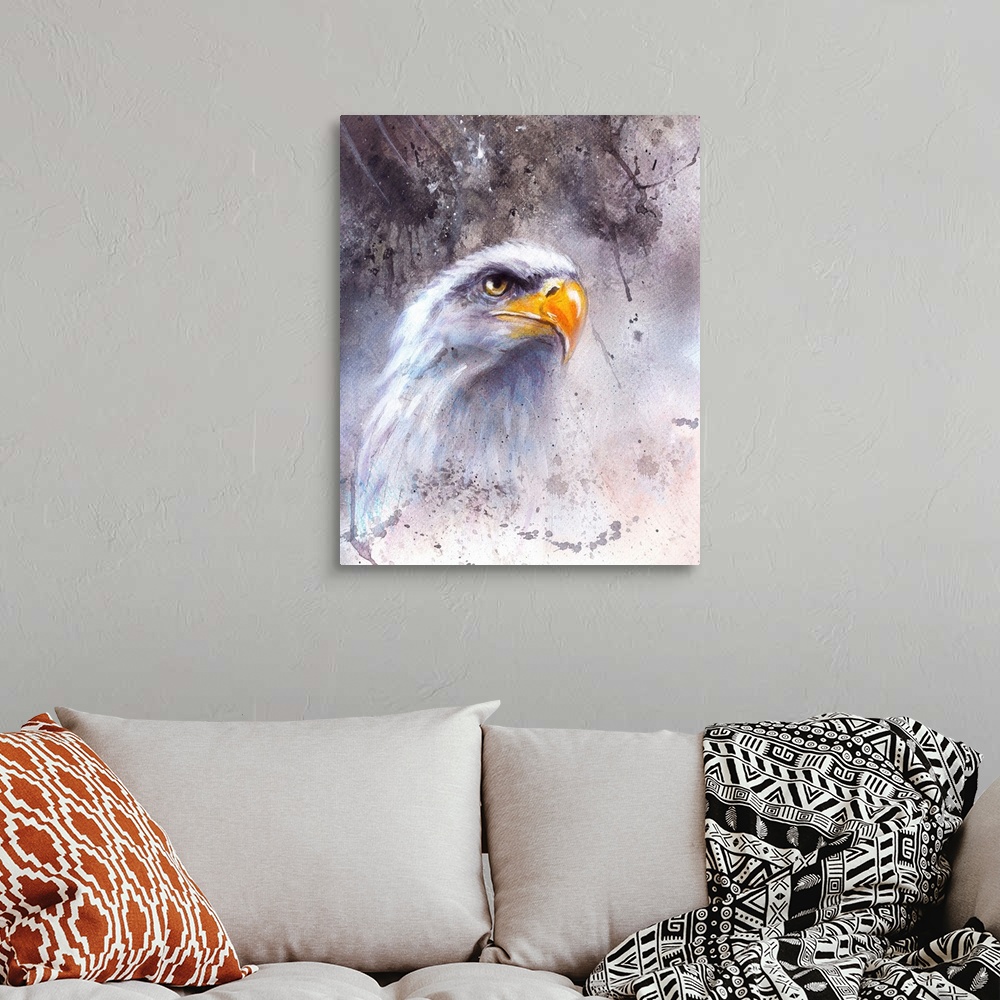 A bohemian room featuring Beautiful Painting Of A Bald Eagle Head Against An Abstract Background.