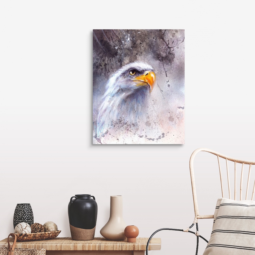A farmhouse room featuring Beautiful Painting Of A Bald Eagle Head Against An Abstract Background.