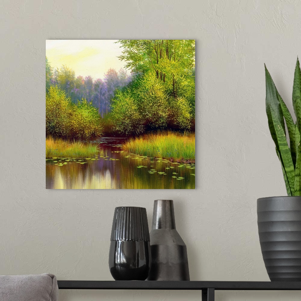A modern room featuring beautiful summer landscape, canvas, oil