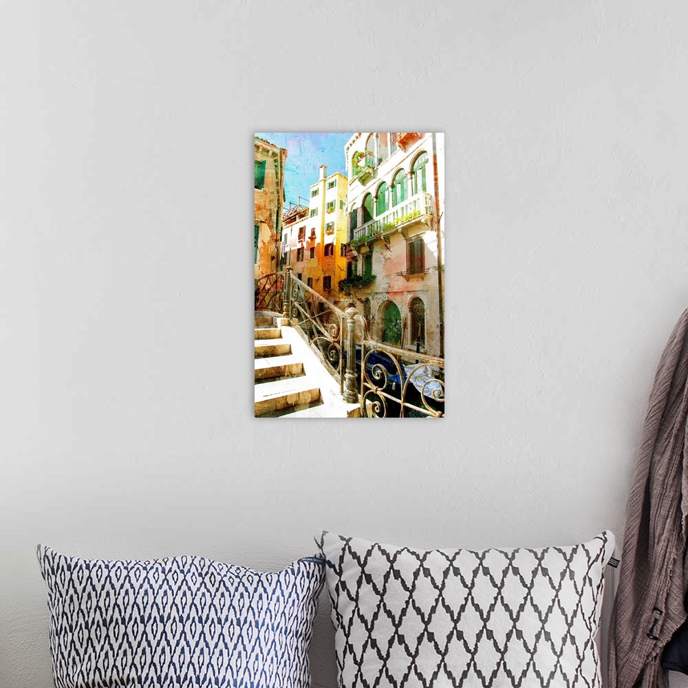 A bohemian room featuring beautiful Venetian pictures - oil painting style