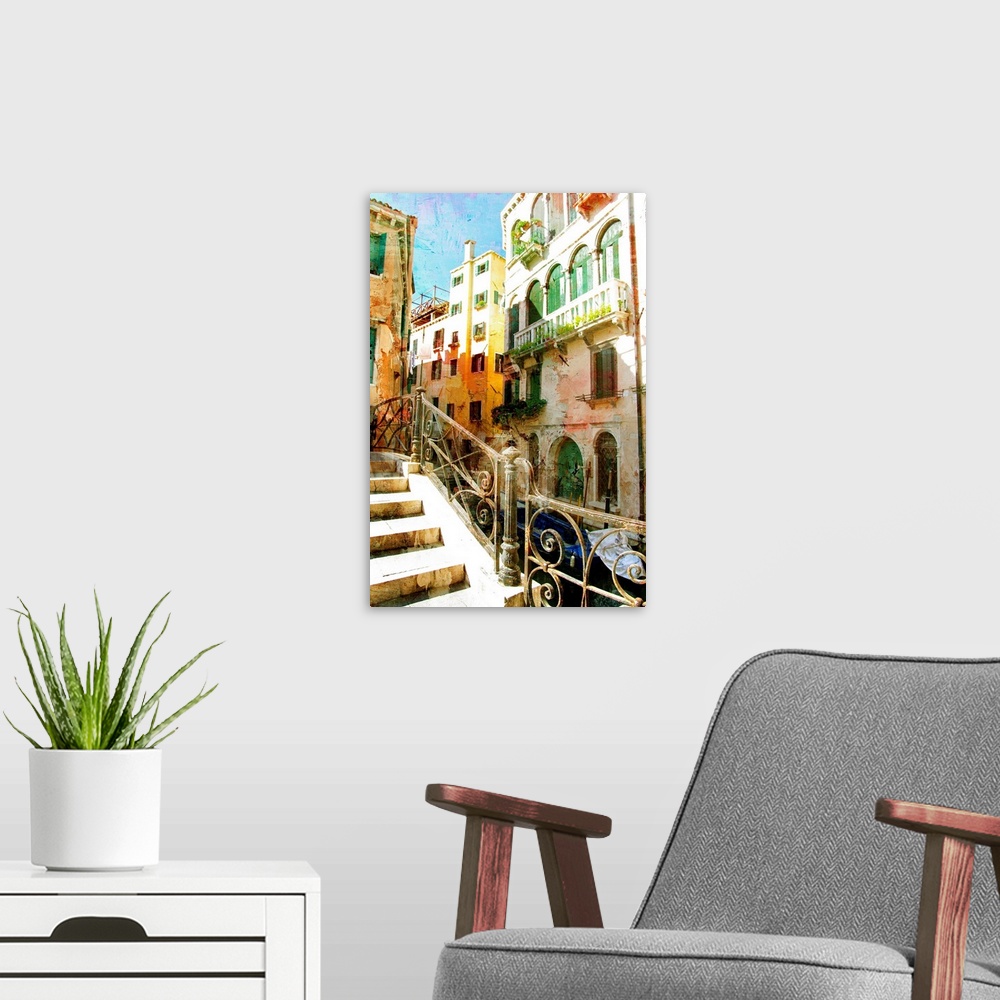 A modern room featuring beautiful Venetian pictures - oil painting style