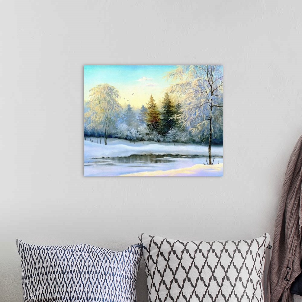A bohemian room featuring beautiful winter landscape, canvas, oil