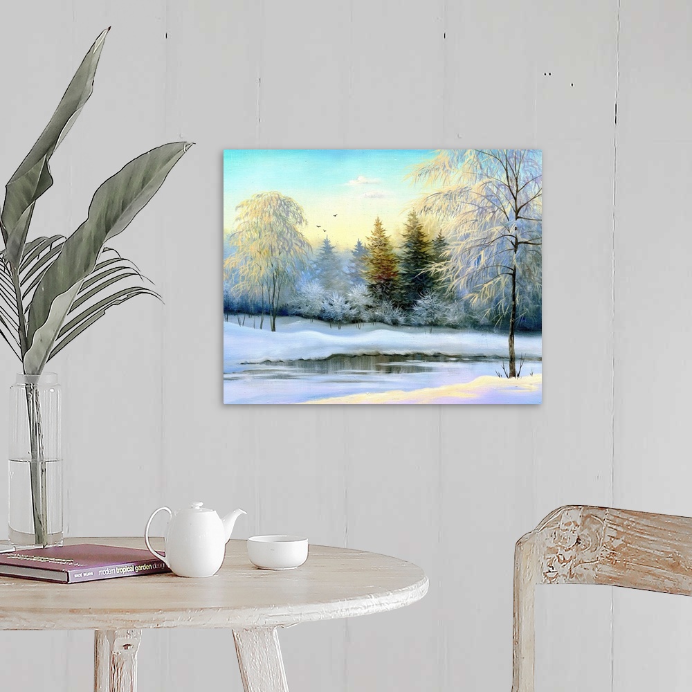 A farmhouse room featuring beautiful winter landscape, canvas, oil