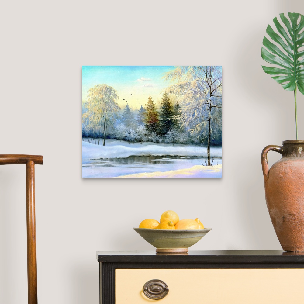 A traditional room featuring beautiful winter landscape, canvas, oil