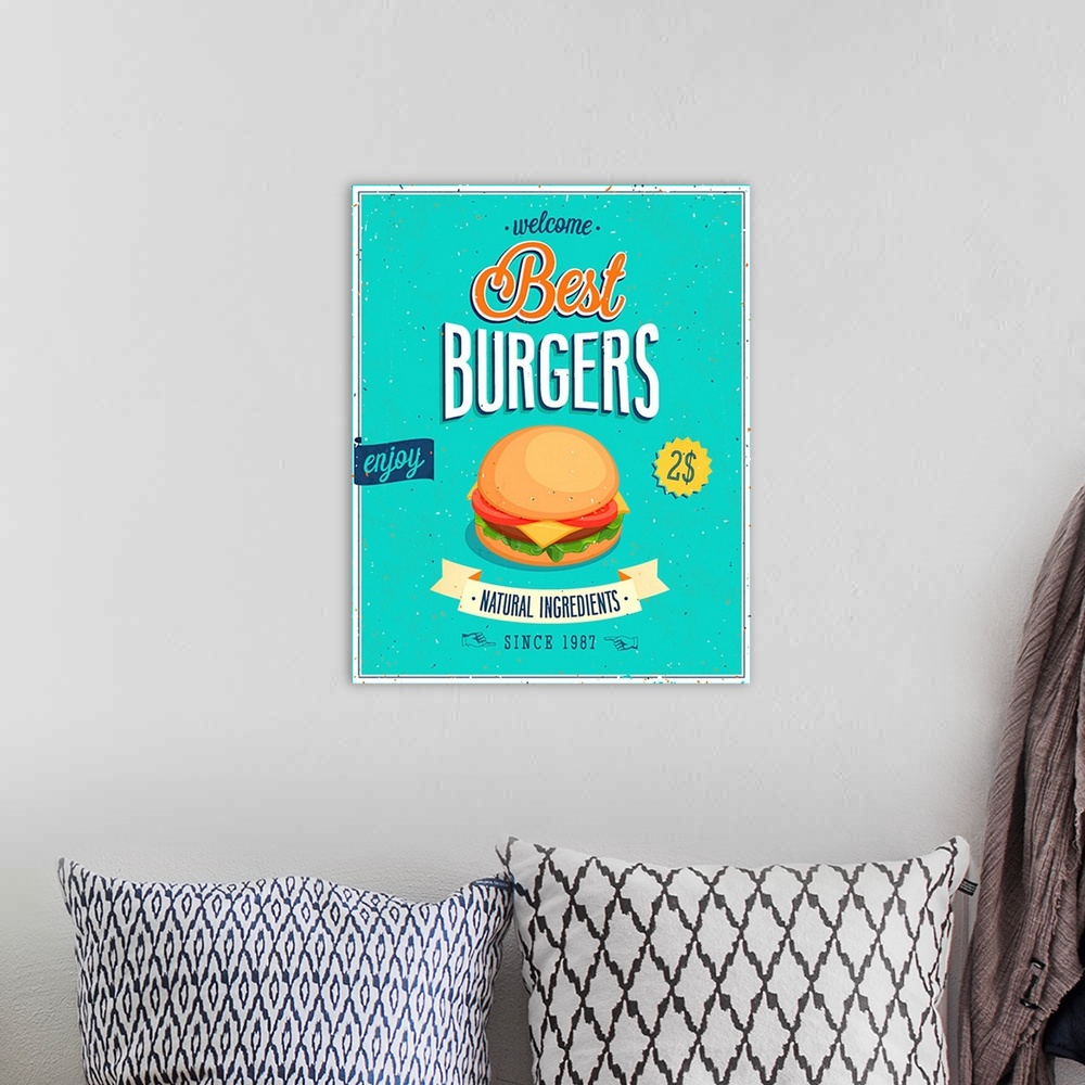 A bohemian room featuring Vintage Burgers Poster. Vector illustration.