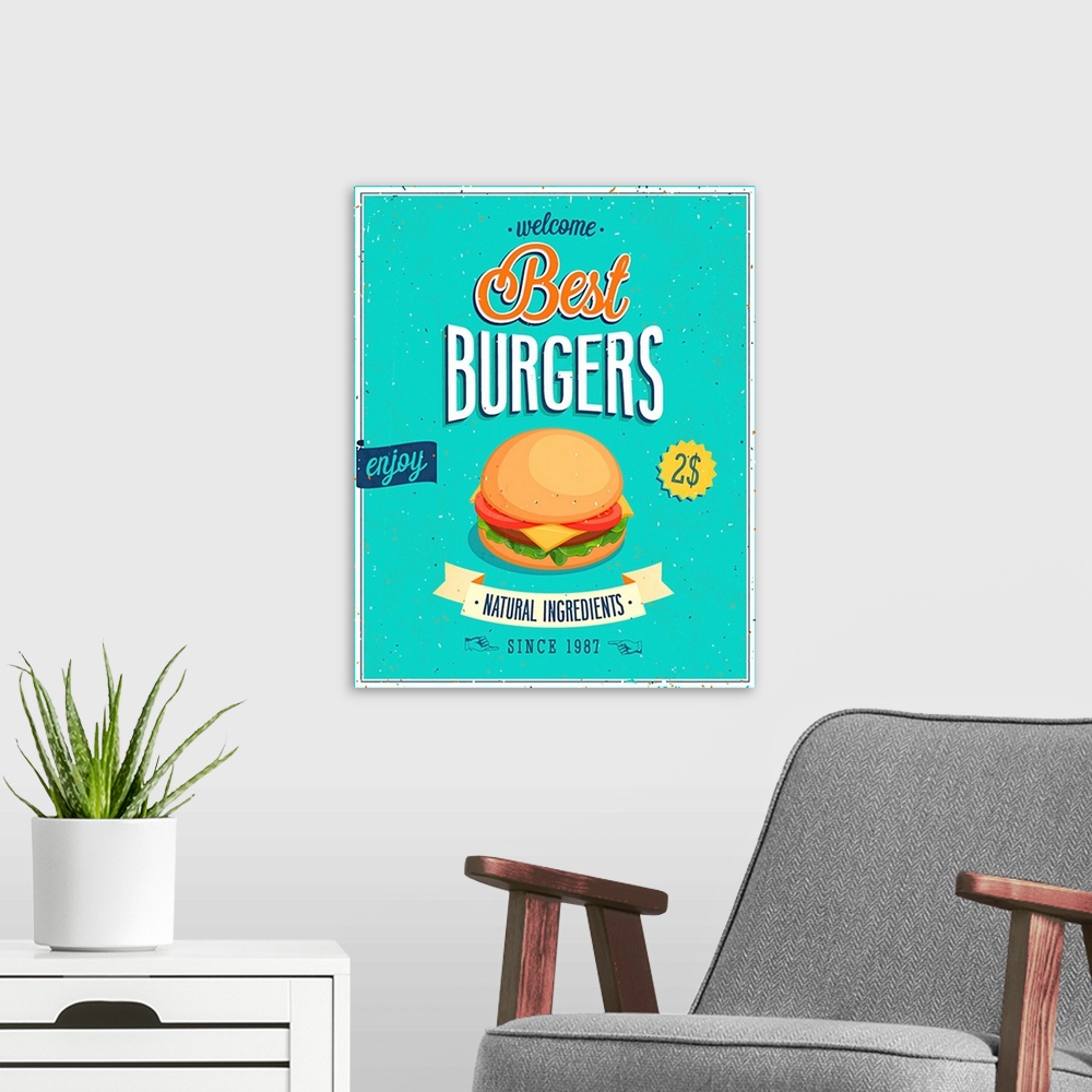 A modern room featuring Vintage Burgers Poster. Vector illustration.