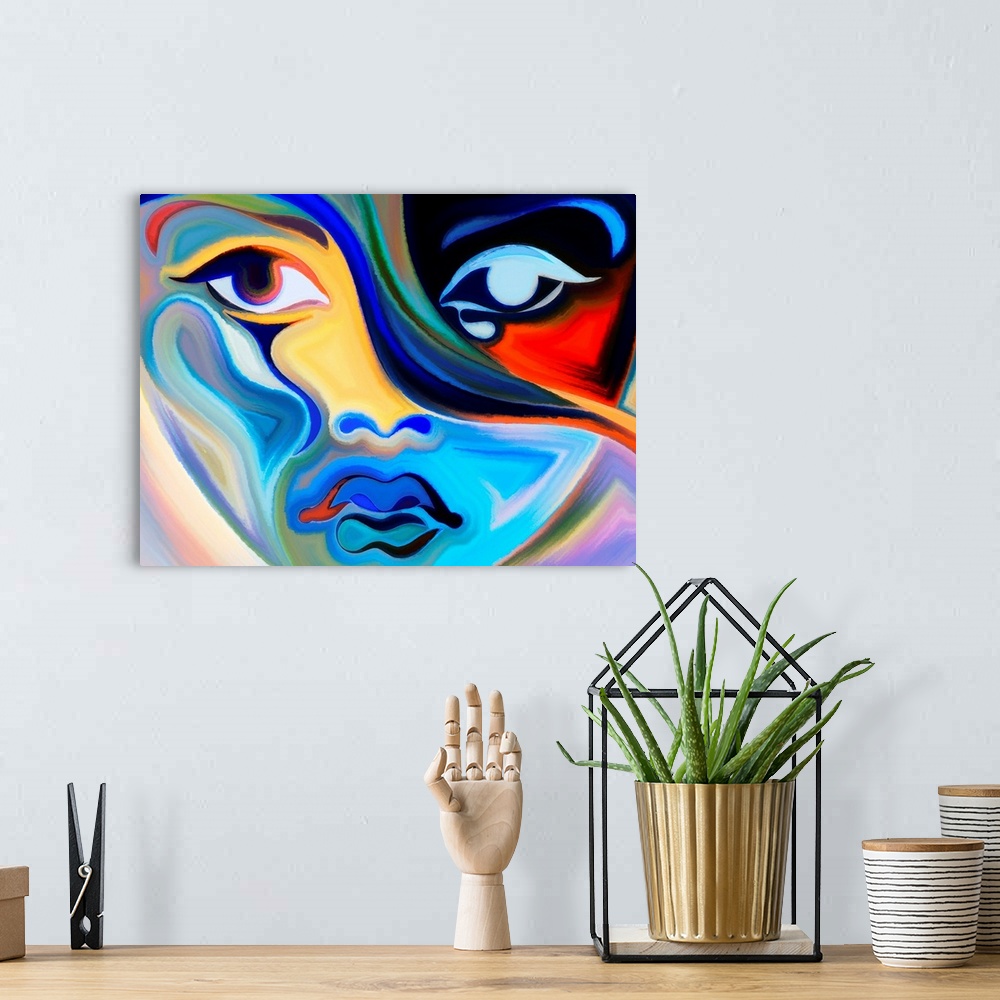 A bohemian room featuring Colors of the Mood series. Abstract arrangement of elements of human face and colorful abstract s...
