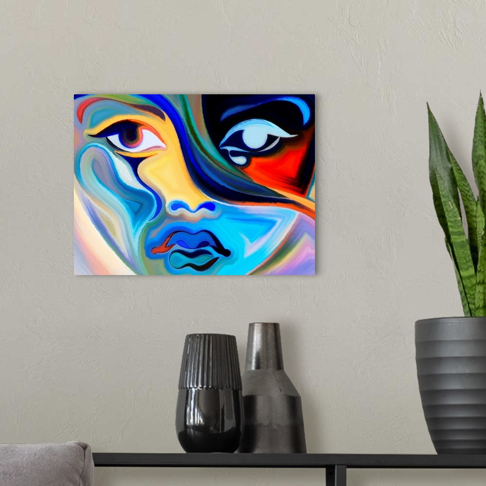 A modern room featuring Colors of the Mood series. Abstract arrangement of elements of human face and colorful abstract s...