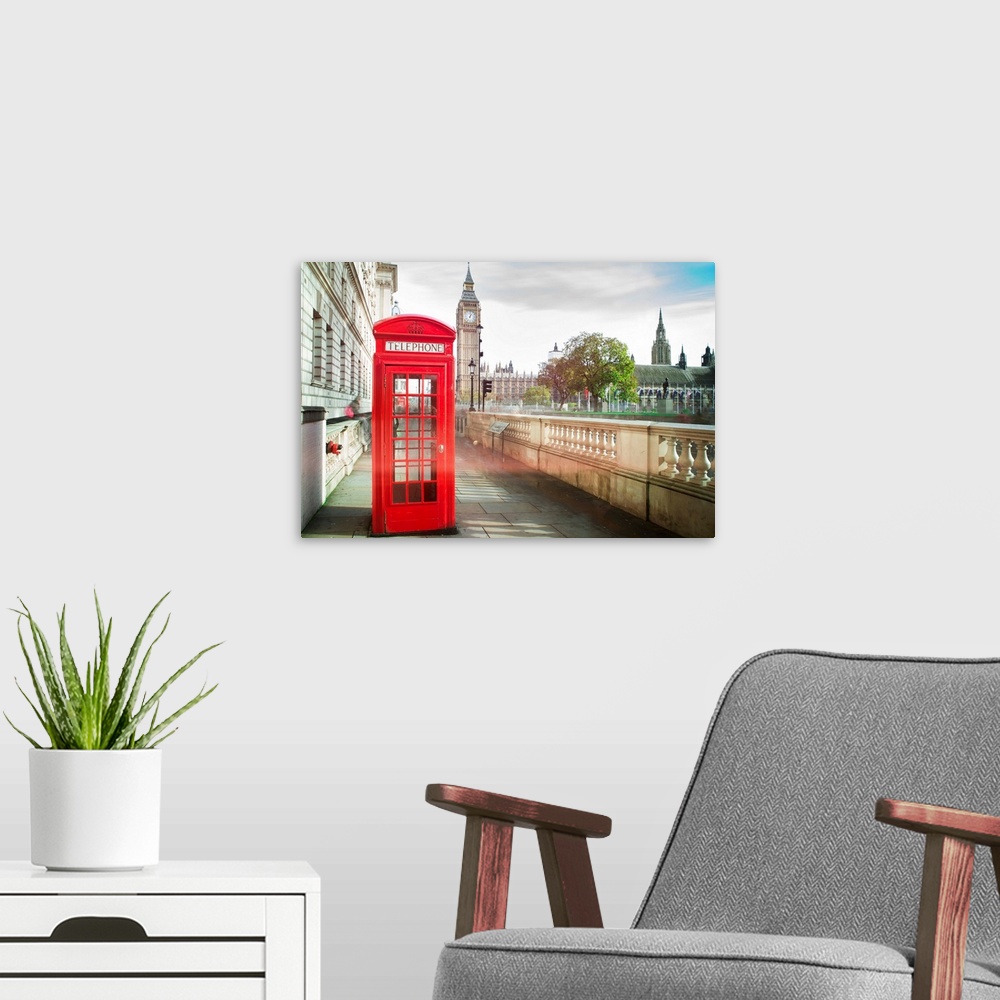 A modern room featuring Big ben and red phone cabine in London.