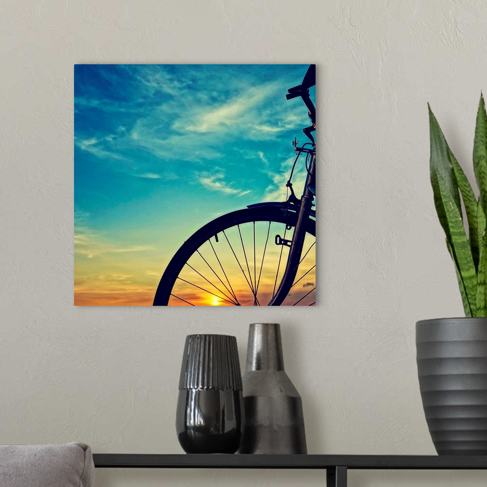 A modern room featuring Bike Silhouette, Sunset.