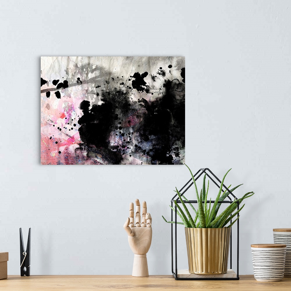 A bohemian room featuring Abstract black and white ink painting on grunge paper texture - artistic stylish background