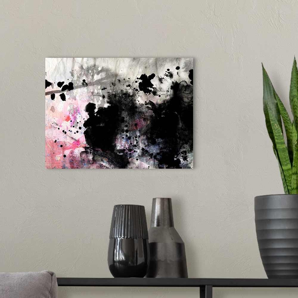 A modern room featuring Abstract black and white ink painting on grunge paper texture - artistic stylish background