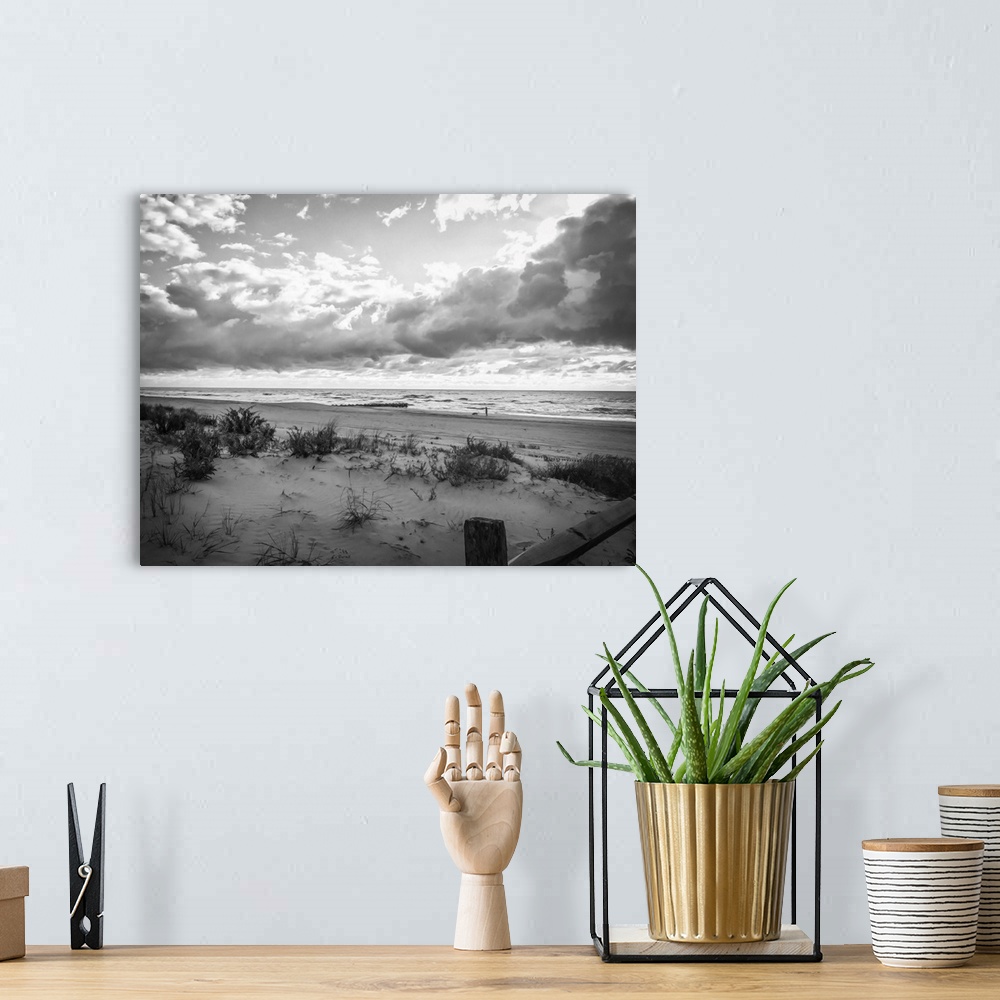 A bohemian room featuring Black and white seashore with man walking dog on beach.