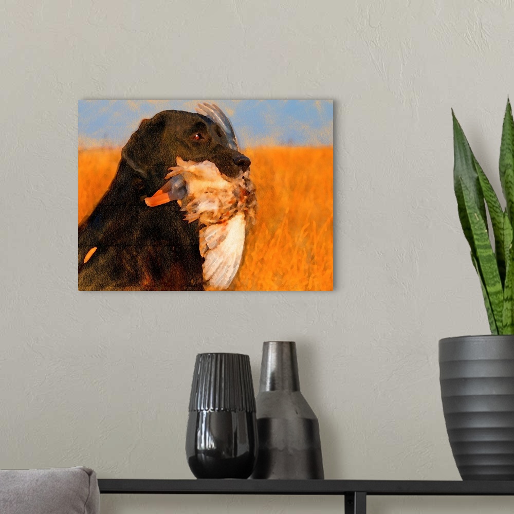 A modern room featuring Oil Painting Portrait Of Black Labrador With Duck