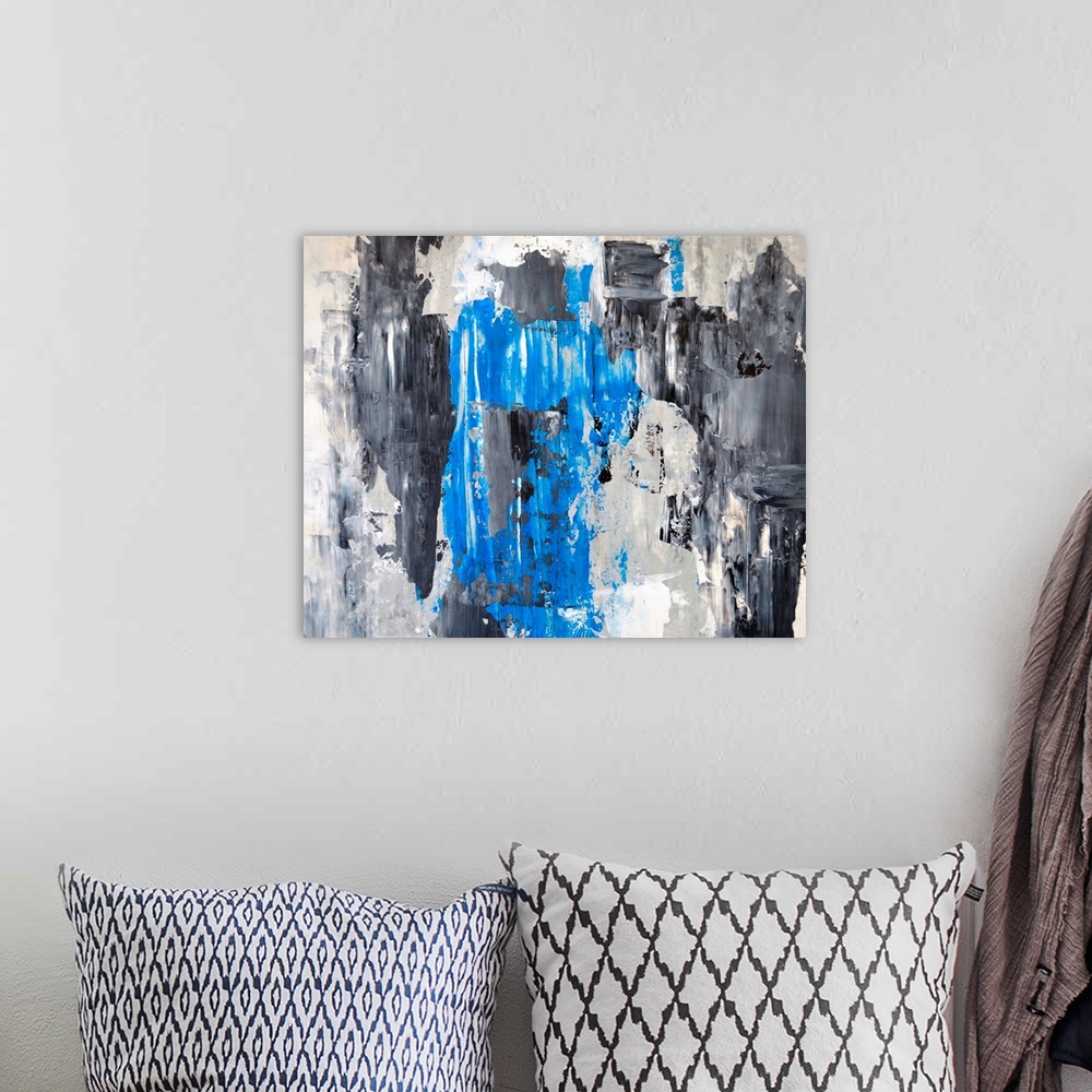 A bohemian room featuring Blue and Grey Abstract Art Painting
