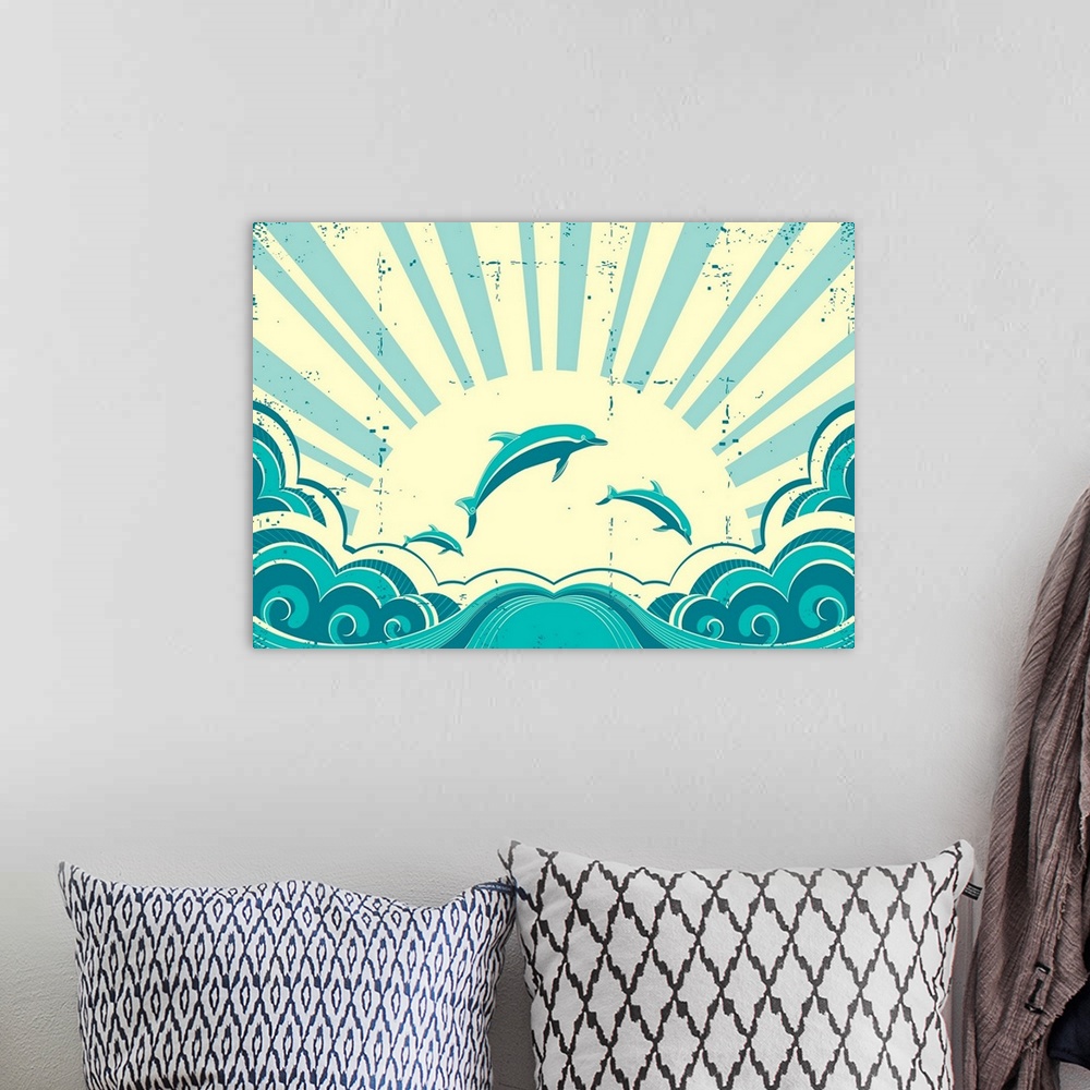 A bohemian room featuring Blue Dolphins Jumping In Sea In Summer Day.grunge Vector