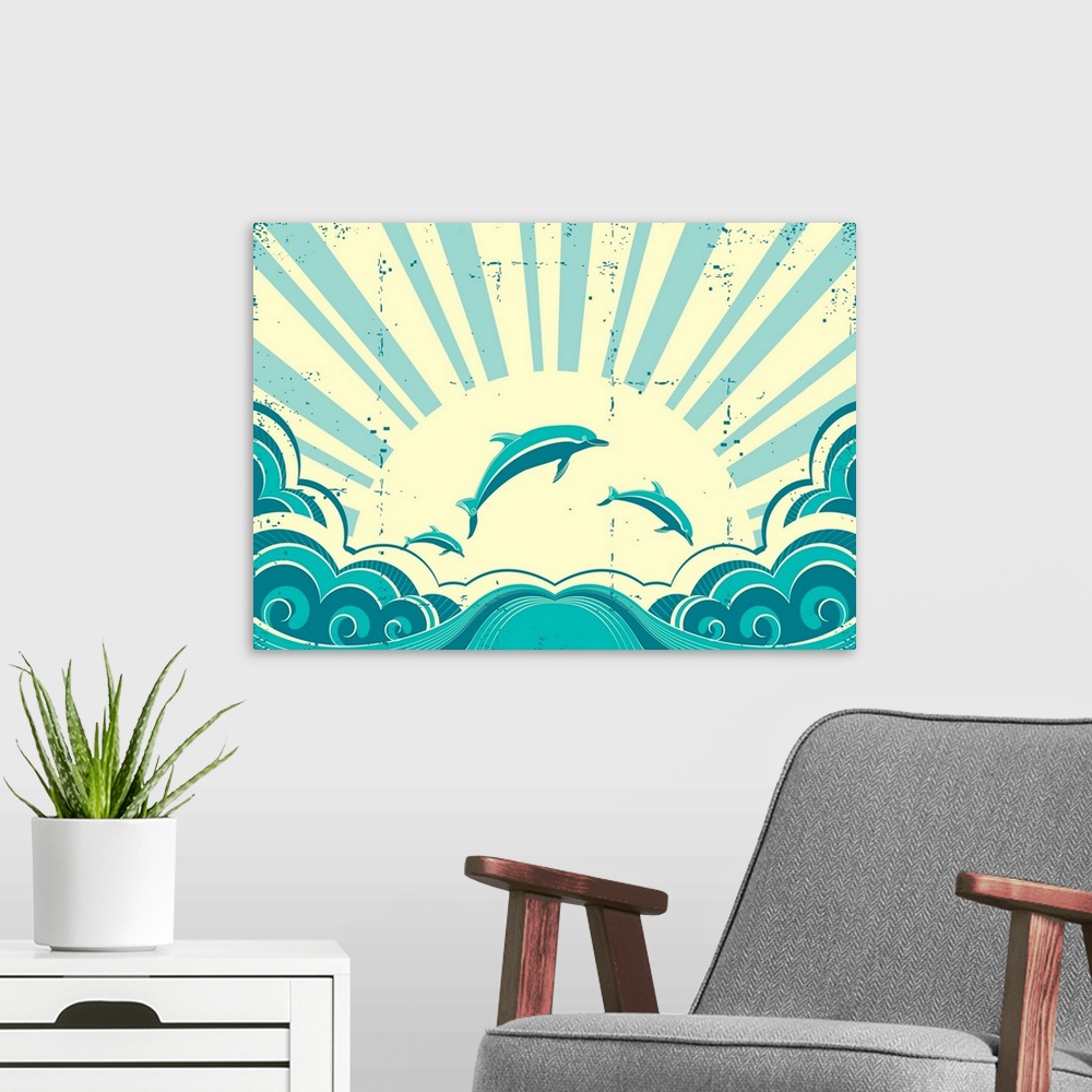 A modern room featuring Blue Dolphins Jumping In Sea In Summer Day.grunge Vector