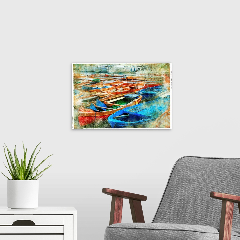 A modern room featuring artistic picture in painting style - boats in Naples port