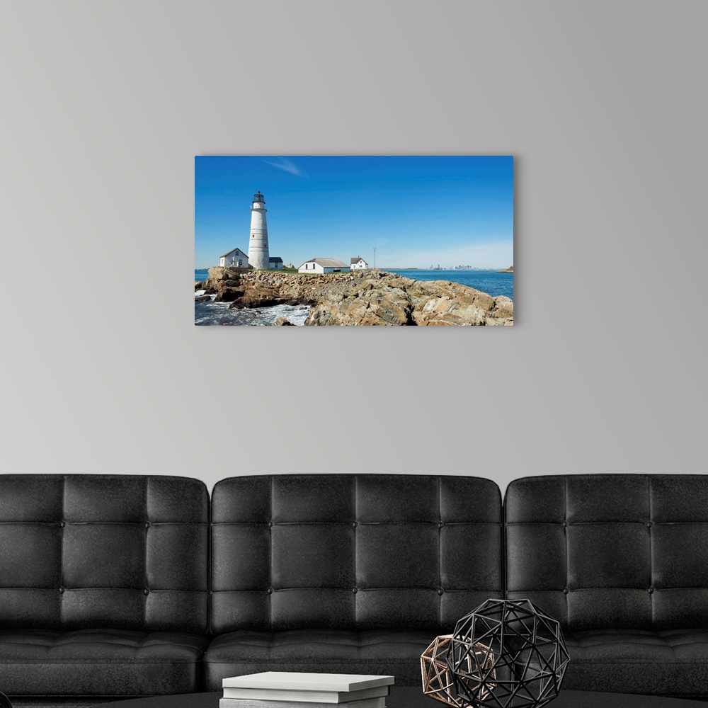A modern room featuring Wide Angle shot of Boston Lighthouse on a clear day.