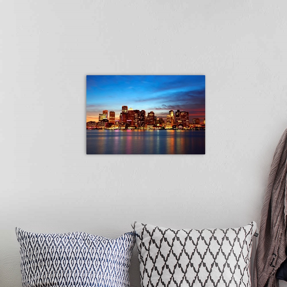 A bohemian room featuring Boston City Skyscrapers, Custom House and Boston Waterfront at night from East Boston, Boston, Ma...