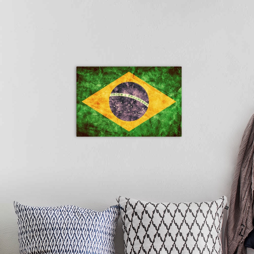 A bohemian room featuring Brazilian flag in a grunge style.