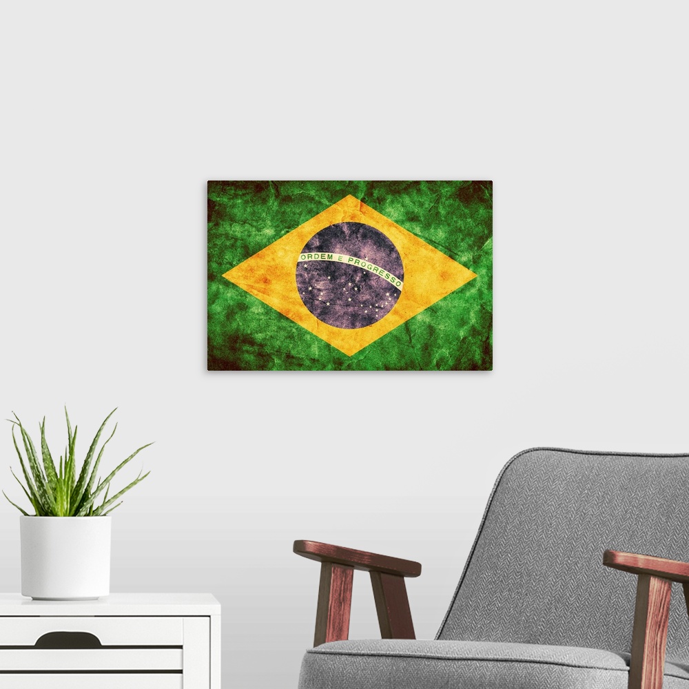 A modern room featuring Brazilian flag in a grunge style.