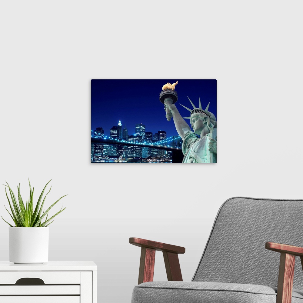 A modern room featuring Brooklyn Bridge and The Statue of Liberty at Night, New York City.