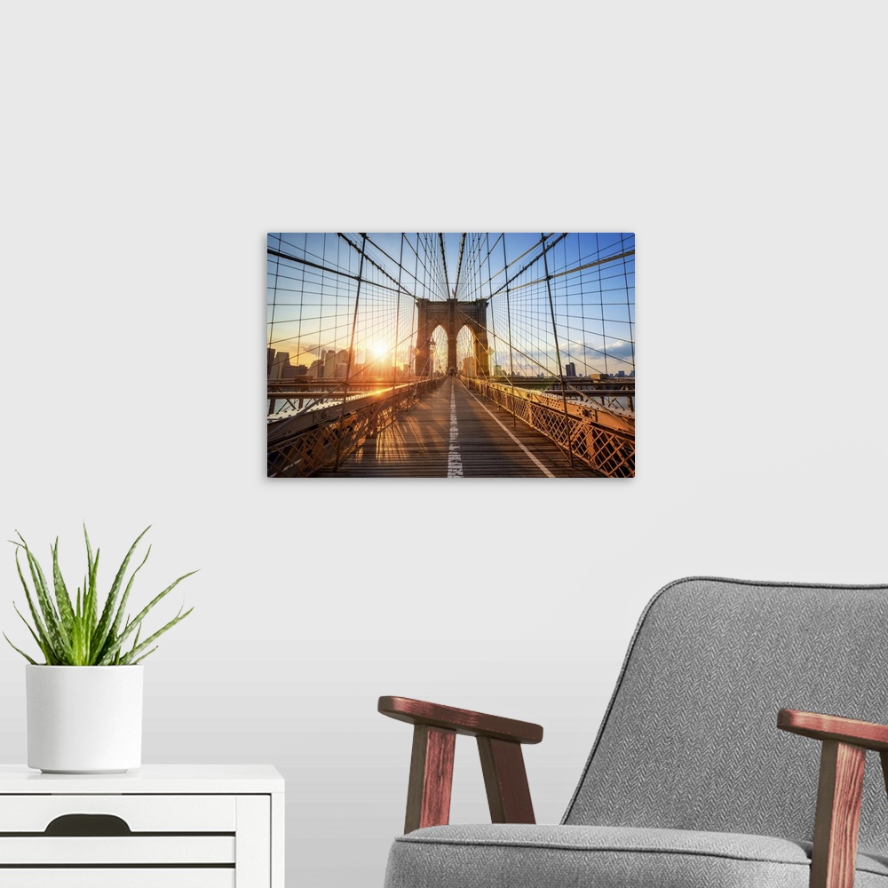 A modern room featuring Brooklyn bridge in New York city, USA.