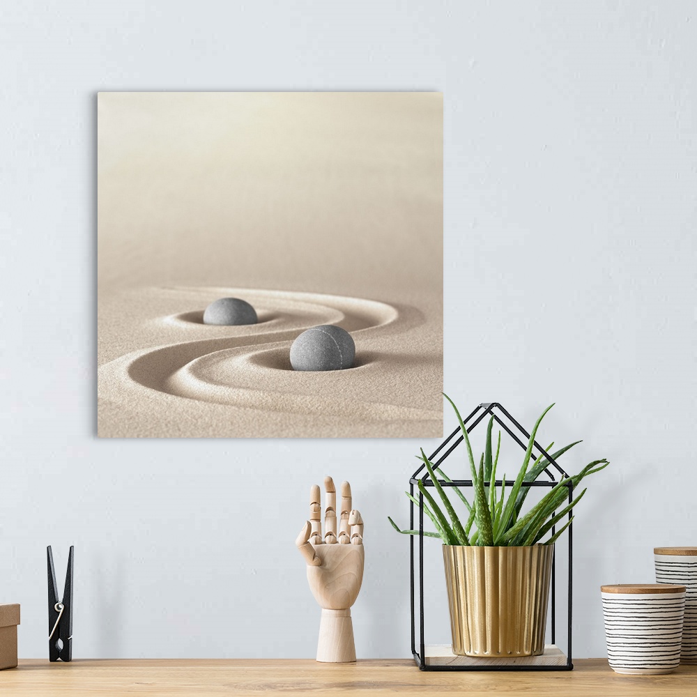 A bohemian room featuring Zen meditation stone background to Buddhism stones Ying Yang for relaxation balance and harmony s...