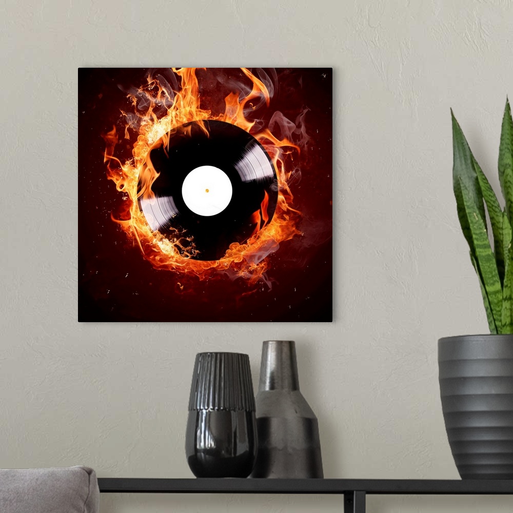 A modern room featuring Burning vinyl disc-Hot hits
