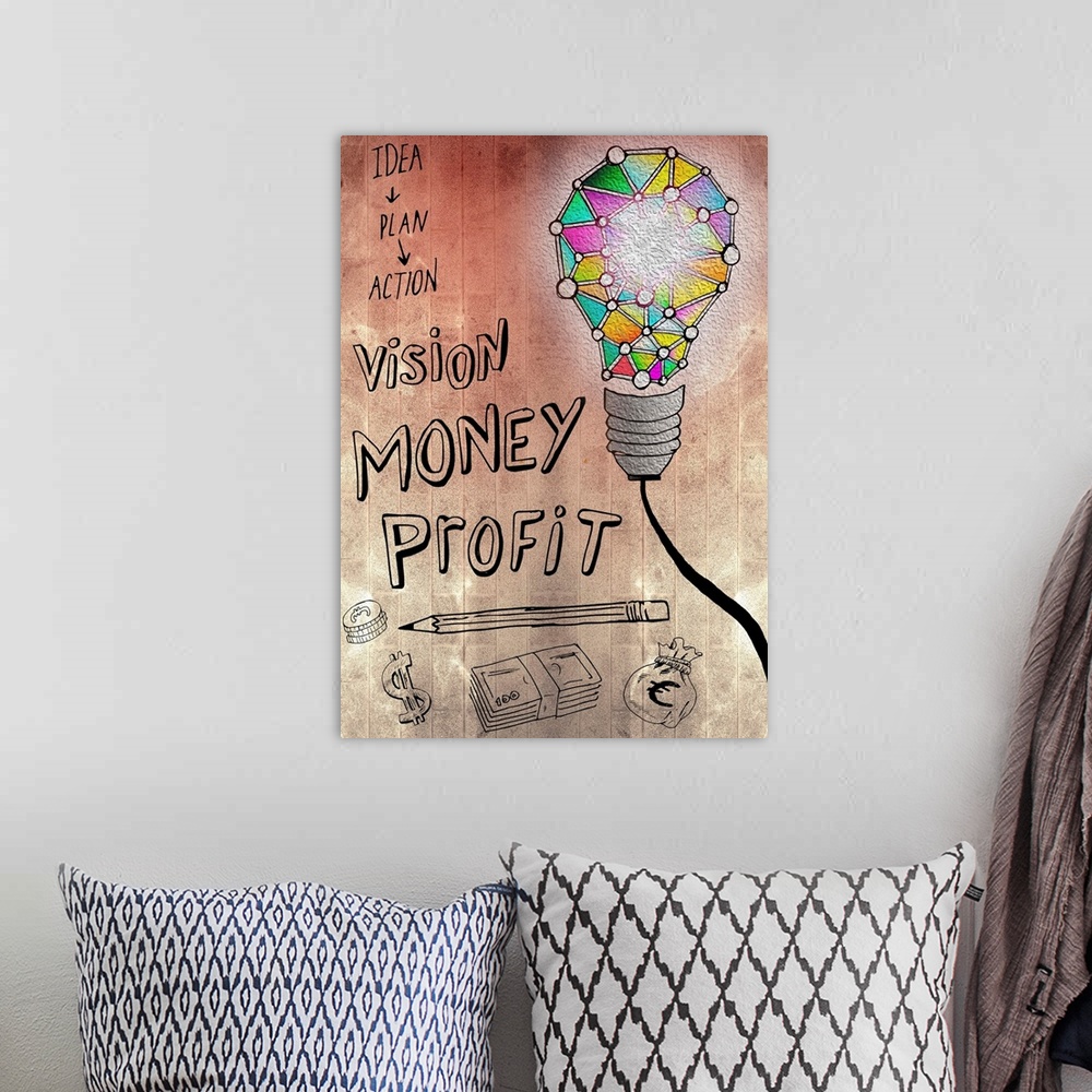 A bohemian room featuring Picture of huge mosaic light bulb on brown wall next to written down business plan