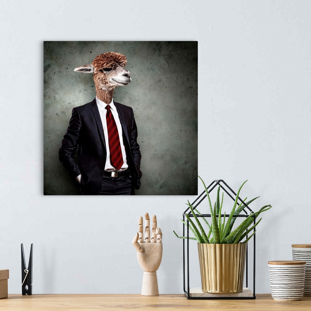 A bohemian room featuring Portrait of a funny camel in a business suit