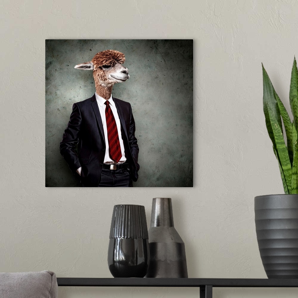 A modern room featuring Portrait of a funny camel in a business suit
