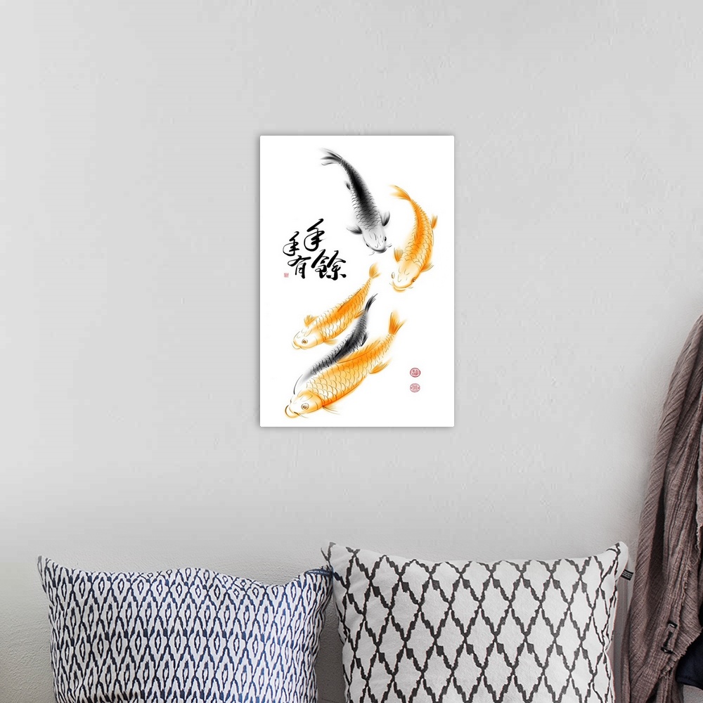 A bohemian room featuring Chinese Carp Ink Painting. Translation: Abundant Harvest Year After Year