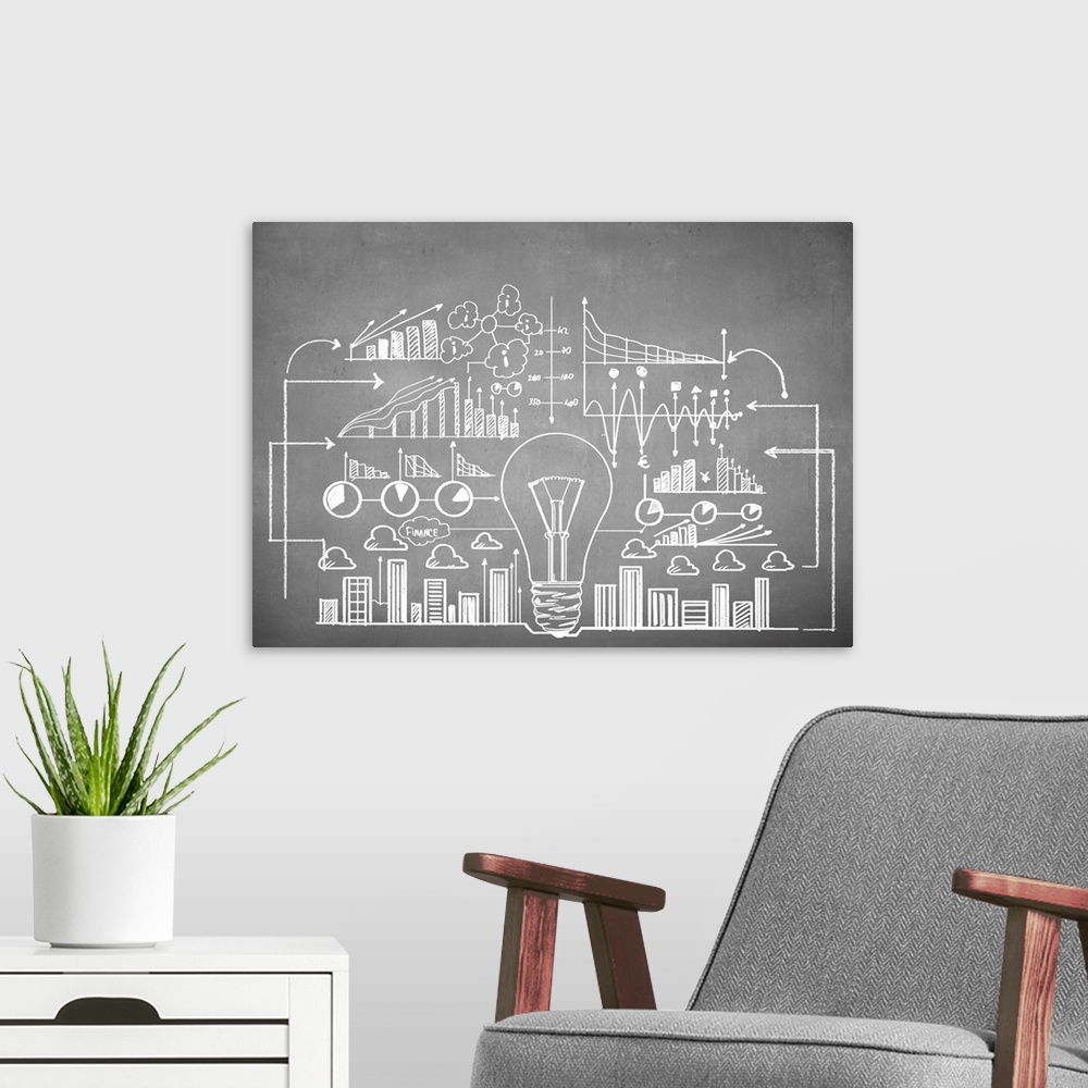 A modern room featuring Chalk drawn business plan sketch. Idea concept
