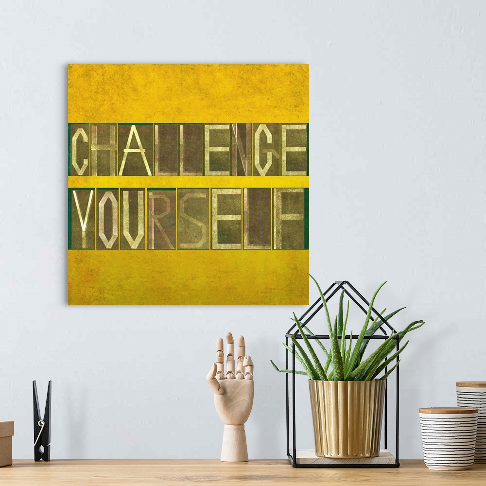 A bohemian room featuring Textured background image and design element depicting the words "Challenge yourself"
