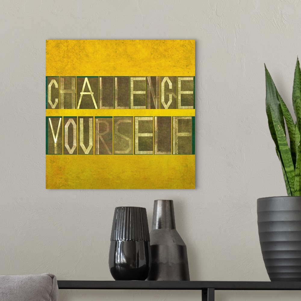 A modern room featuring Textured background image and design element depicting the words "Challenge yourself"