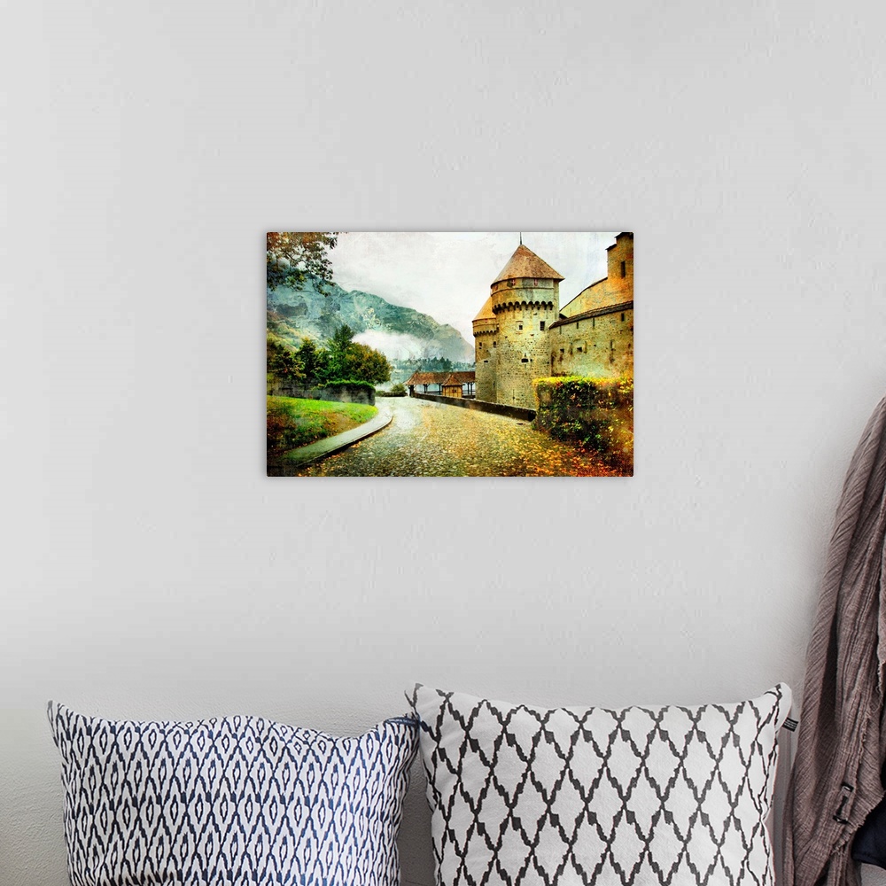 A bohemian room featuring swiss castle - artistic picture in old painting style (from my castles collection)