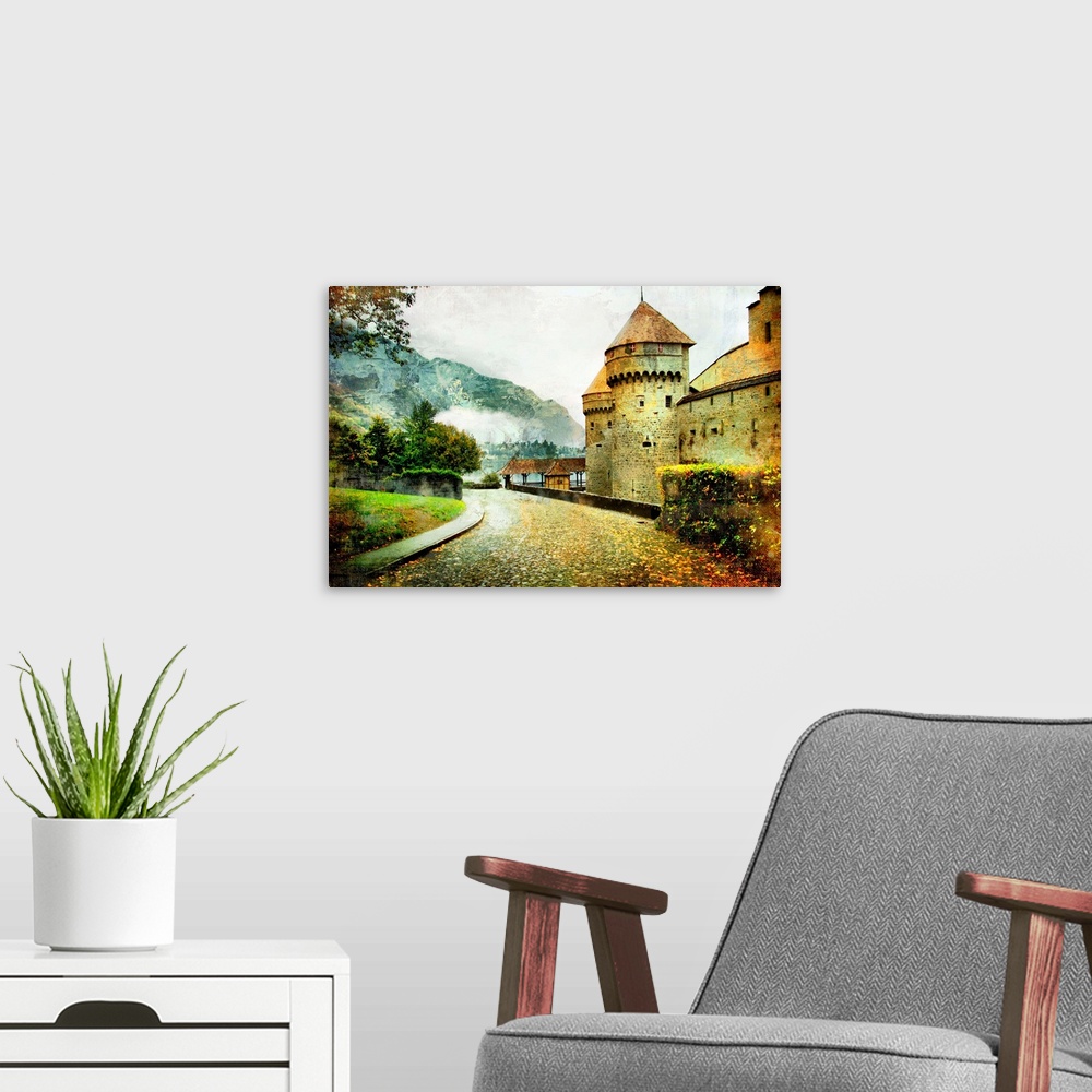 A modern room featuring swiss castle - artistic picture in old painting style (from my castles collection)