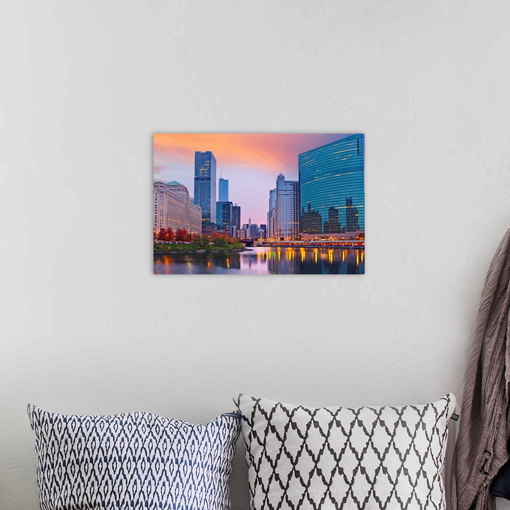 A bohemian room featuring Image of the city of Chicago during sunset.