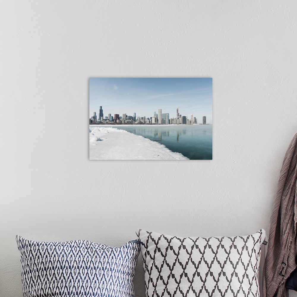 A bohemian room featuring Chicago Downtown Panorama In Winter, Frozen Lake With Snow Covers Lake Michigan