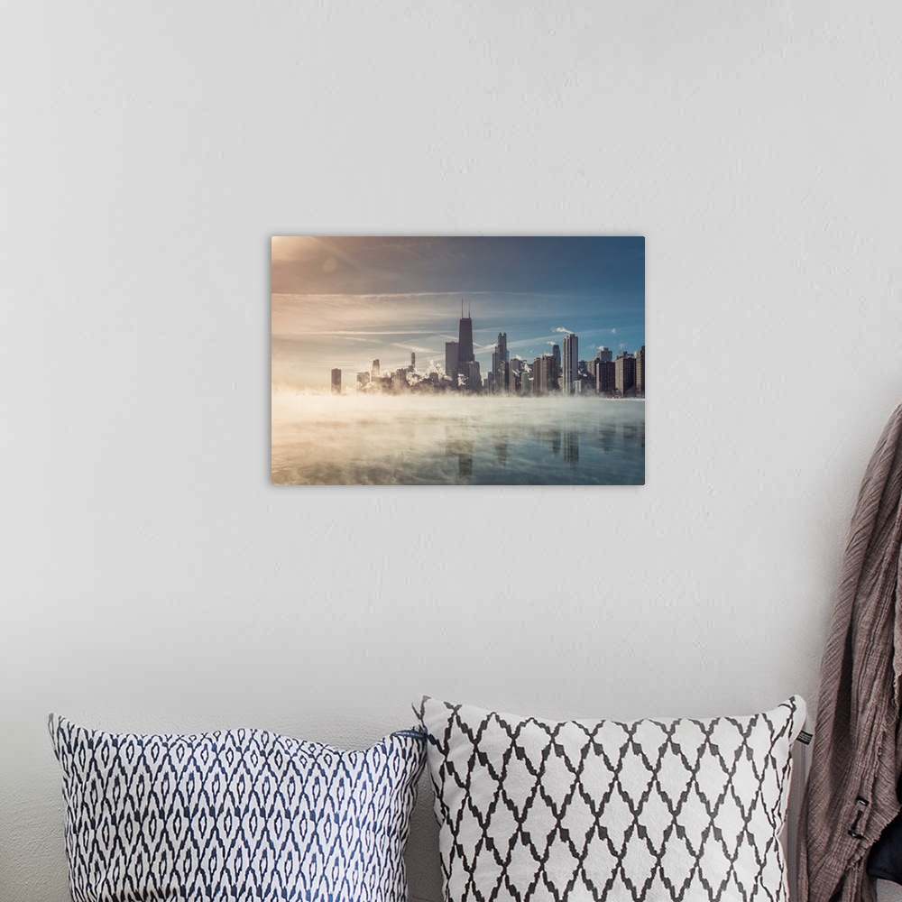 A bohemian room featuring Chicago Downtown With Winter Fog On Lake Michigan, Arctic Polar Vortex