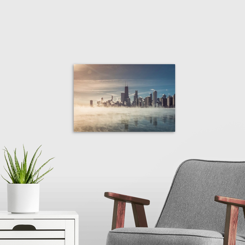 A modern room featuring Chicago Downtown With Winter Fog On Lake Michigan, Arctic Polar Vortex