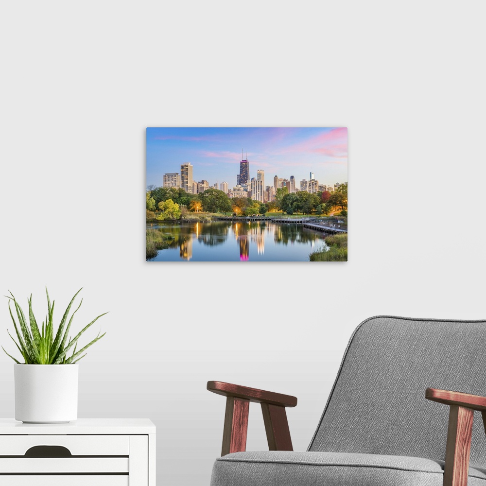 A modern room featuring Chicago, Illinois Downtown Skyline From Lincoln Park At Twilight
