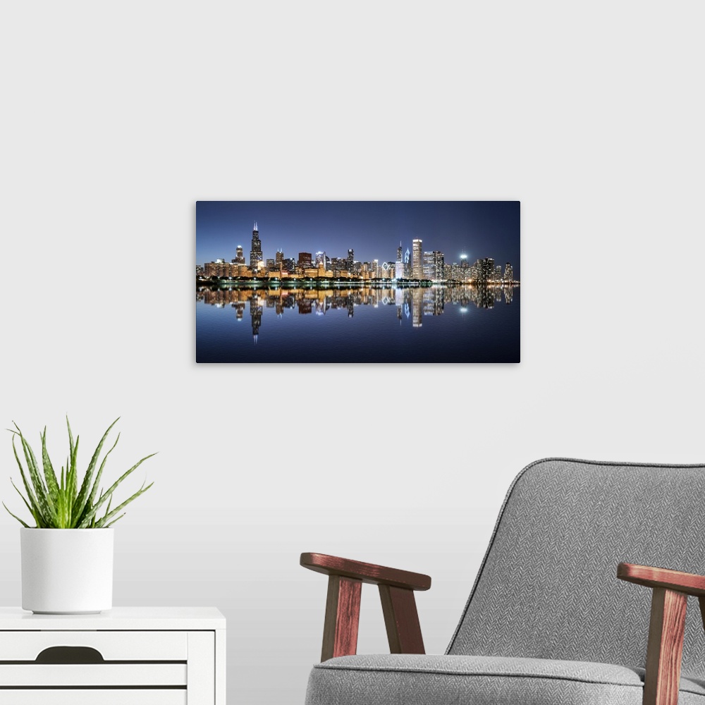 A modern room featuring Chicago Night Skyline Across Lake Michigan