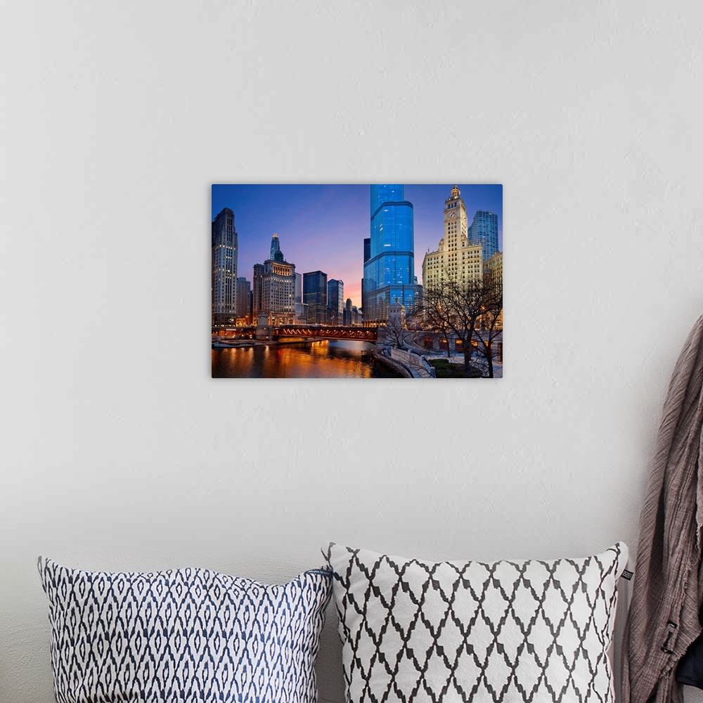 A bohemian room featuring Image of Chicago downtown district at twilight.