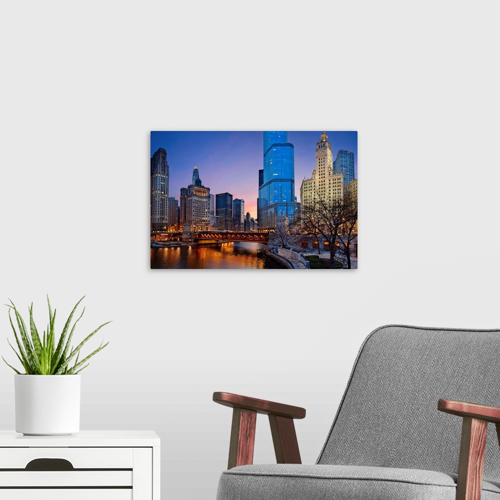 A modern room featuring Image of Chicago downtown district at twilight.