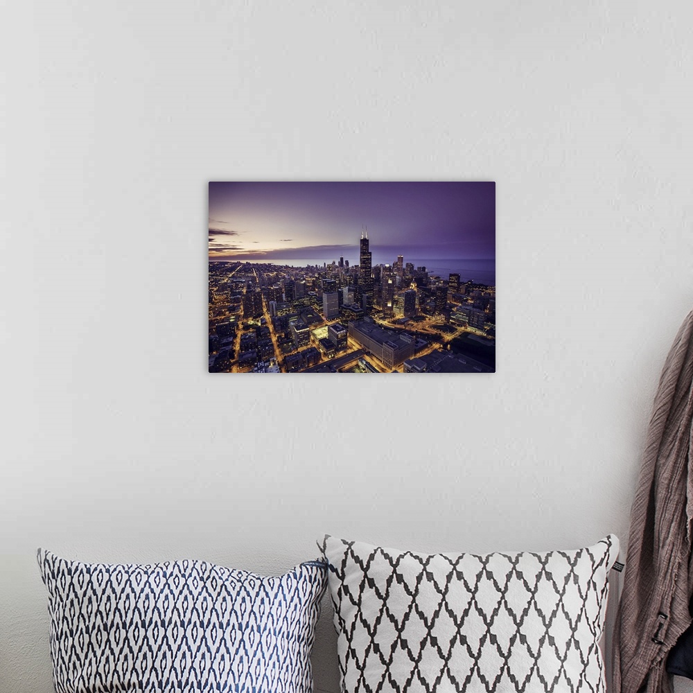 A bohemian room featuring Chicago Skyline Aerial View At Dusk