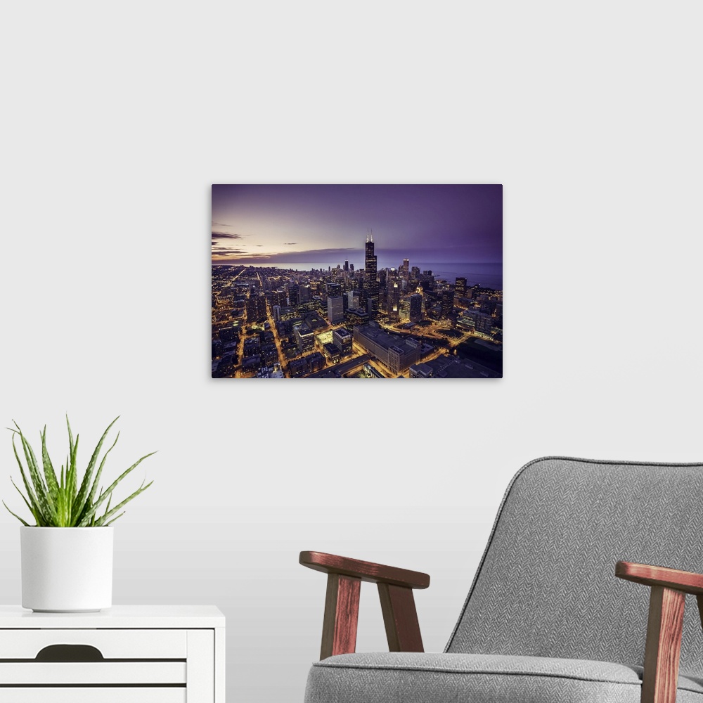 A modern room featuring Chicago Skyline Aerial View At Dusk